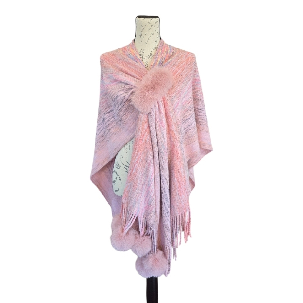 Pink Rainbow Faux Fur Pom Pom Fringe Assymetrical Poncho Wrap - Picture 2 of 7